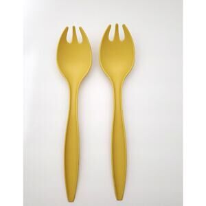 Tupperware Salad Serving Set Tongs 12" Spoons Forks Set of 2 Golden Harvest